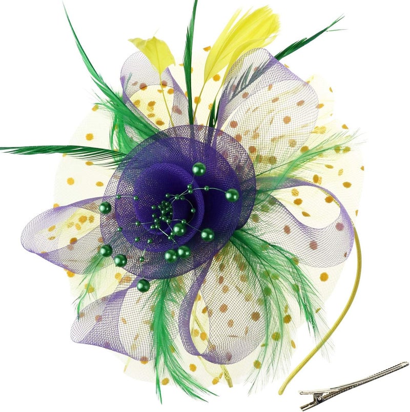 DRESHOW قبعة زينة مزينة بالزهور والشبك والأشرطة والريش على رباط رأس ومشبك، ملابس حفلات الشاي للفتيات والنساء - Image 1